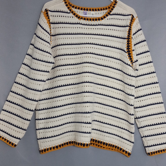 Alya Sweaters - Alya Cozy Striped Crew Neck Sweater - Cream, Black, and Gold. Size L
